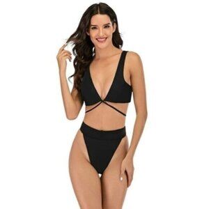 Sherry DC Strappy High Waist Bikini Swimsuit Set Black Size Small